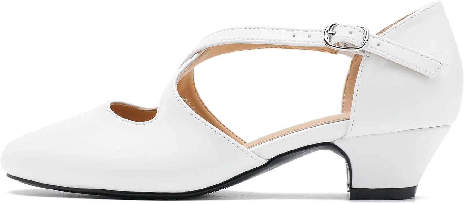 Women's Low Chunky Heel Pumps Cross Strap Closed Toe Dress Shoes