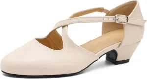Women's Low Chunky Heel Pumps Cross Strap Closed Toe Dress Shoes