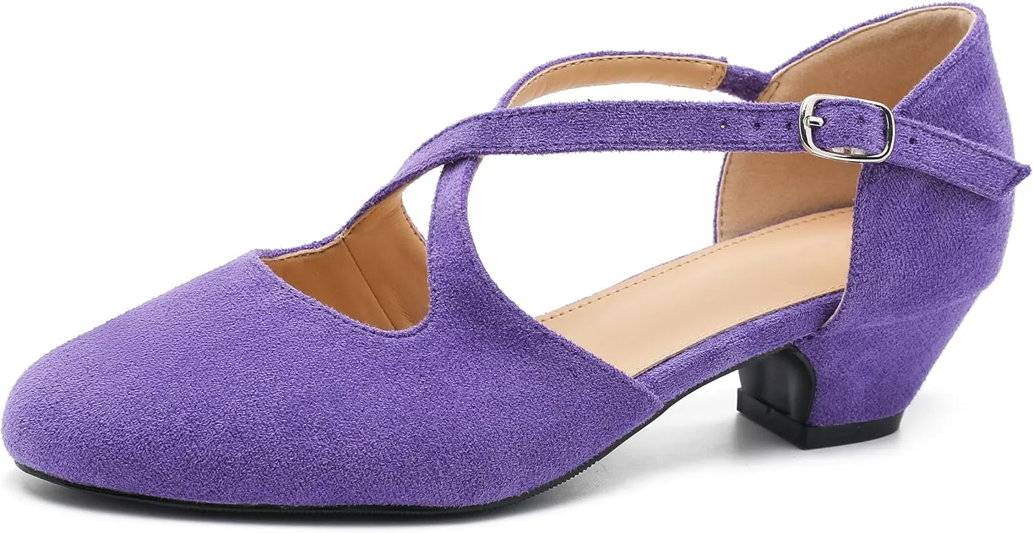 Women's Low Chunky Heel Pumps Cross Strap Closed Toe Dress Shoes