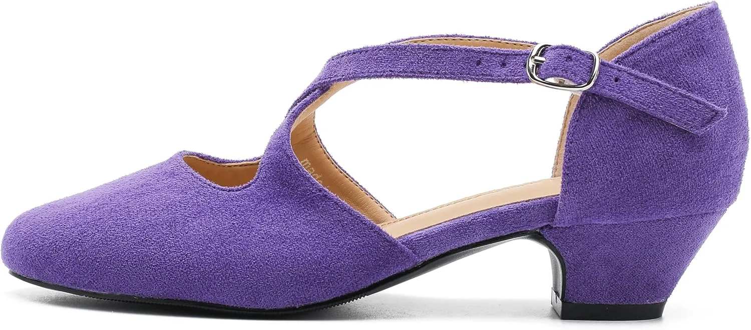 Women's Low Chunky Heel Pumps Cross Strap Closed Toe Dress Shoes