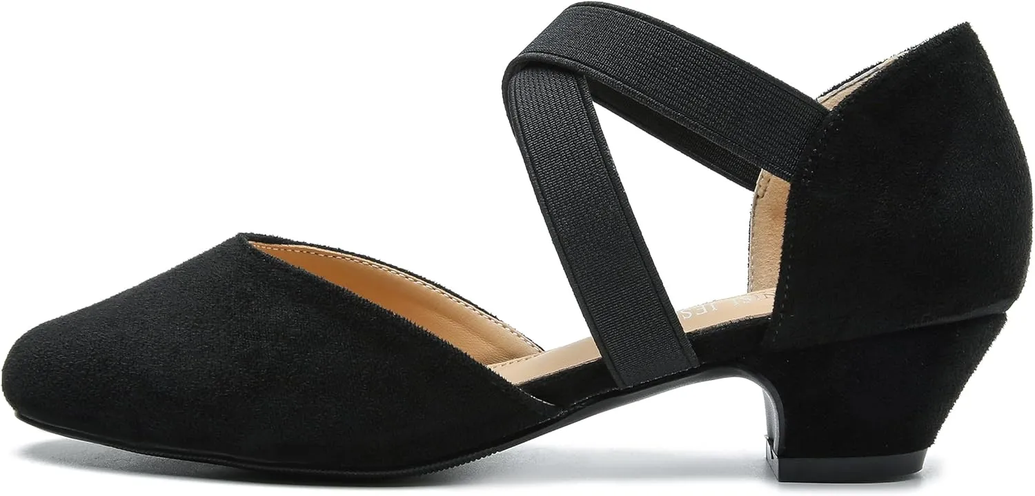 Women's Low Chunky Heel Pumps Elastic Crisscross Strap Pull On Dress Dance Shoes