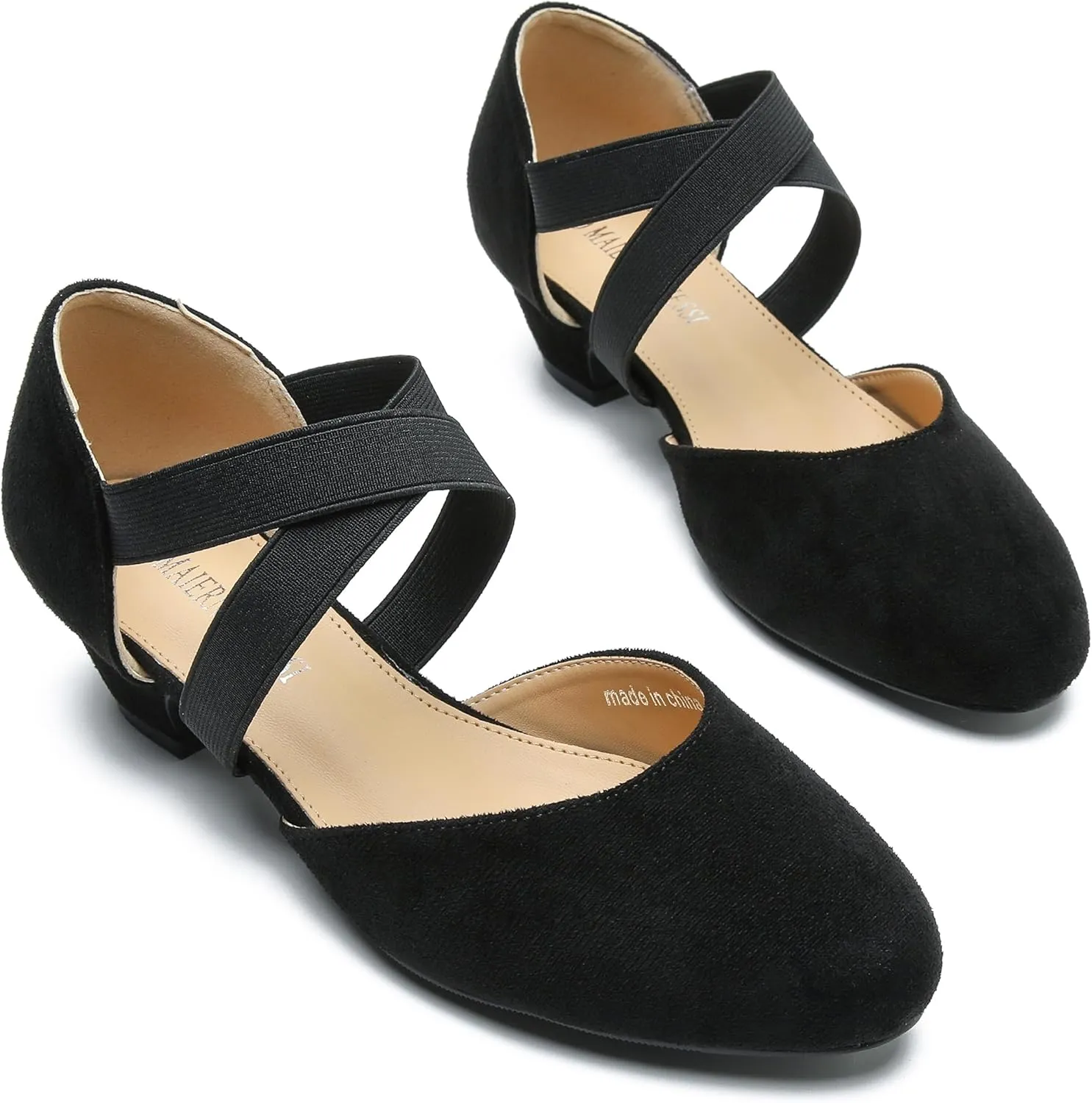 Women's Low Chunky Heel Pumps Elastic Crisscross Strap Pull On Dress Dance Shoes