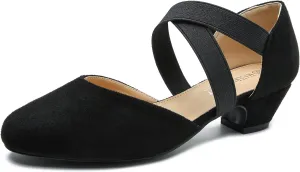 Women's Low Chunky Heel Pumps Elastic Crisscross Strap Pull On Dress Dance Shoes