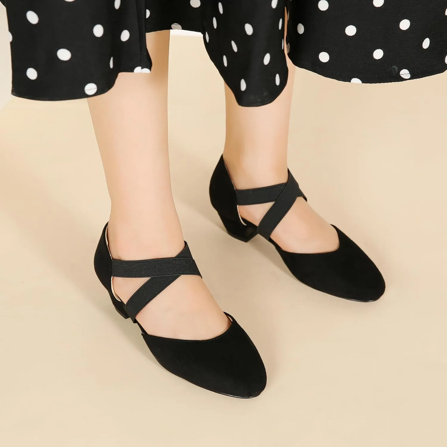 Women's Low Chunky Heel Pumps Elastic Crisscross Strap Pull On Dress Dance Shoes