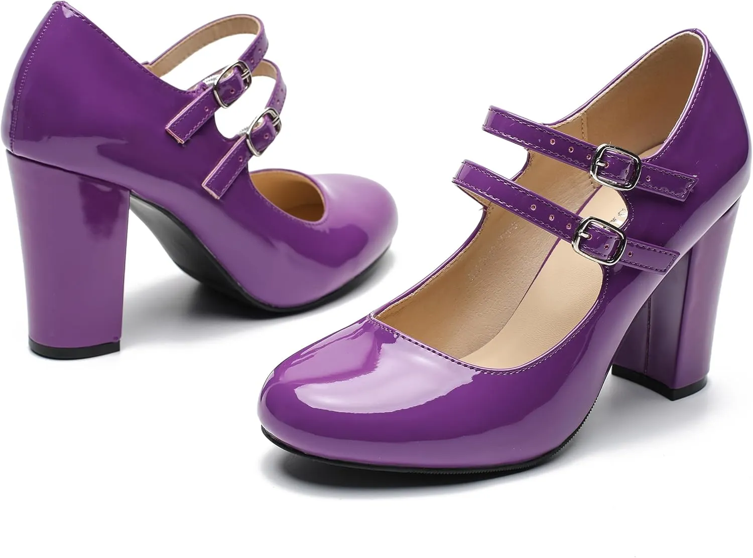Women's Mary Jane Dress Shoes Double Strap Closed Round Toe Block High Heel Pumps