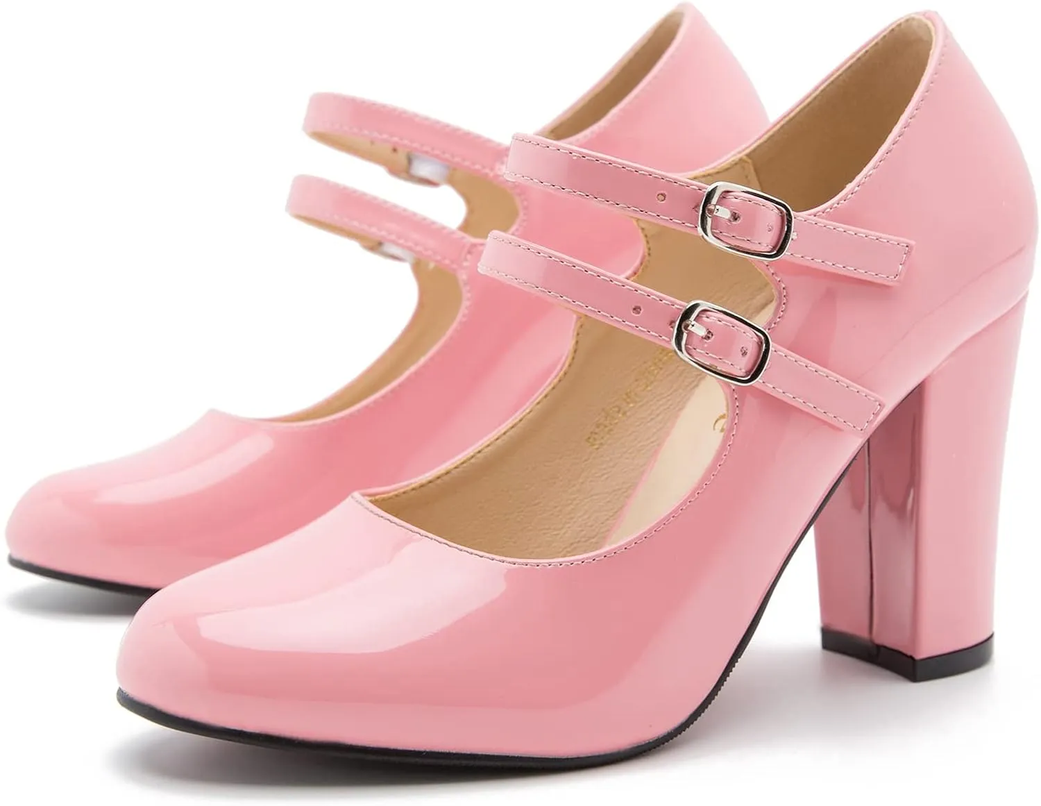 Women's Mary Jane Dress Shoes Double Strap Closed Round Toe Block High Heel Pumps