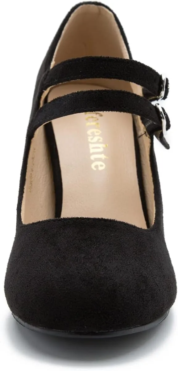 Women's Mary Jane Dress Shoes Double Strap Closed Round Toe Block High Heel Pumps