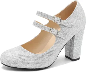 Women's Mary Jane Dress Shoes Double Strap Closed Round Toe Block High Heel Pumps