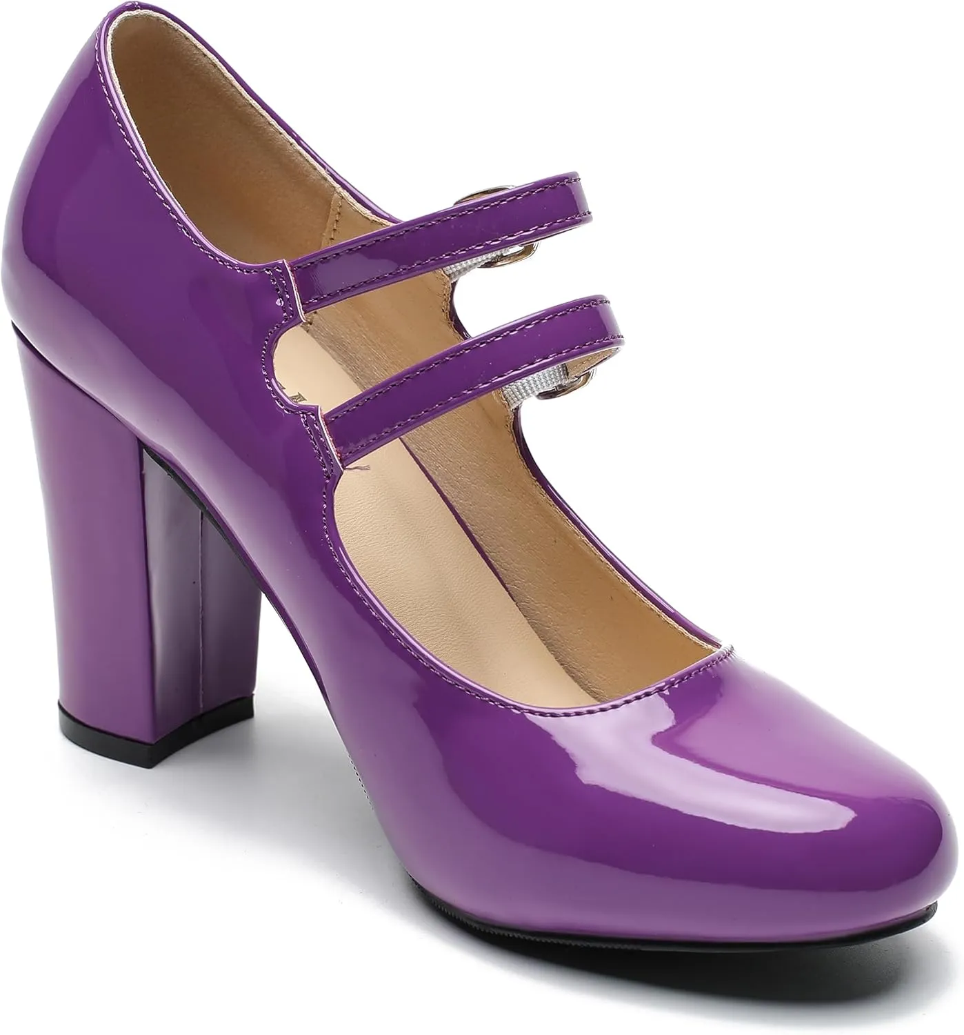 Women's Mary Jane Dress Shoes Double Strap Closed Round Toe Block High Heel Pumps