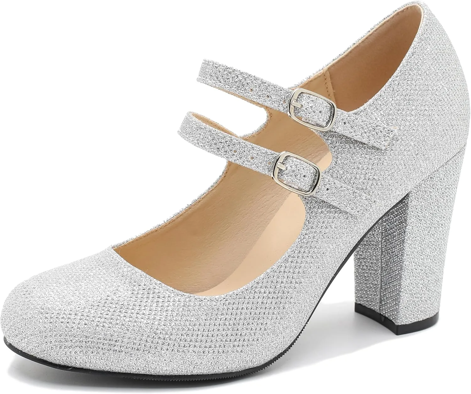 Women's Mary Jane Dress Shoes Double Strap Closed Round Toe Block High Heel Pumps