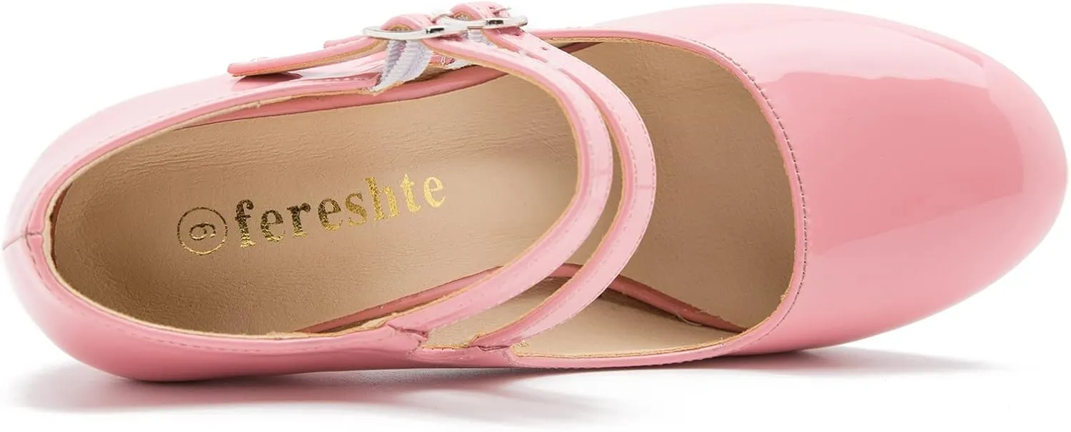 Women's Mary Jane Dress Shoes Double Strap Closed Round Toe Block High Heel Pumps