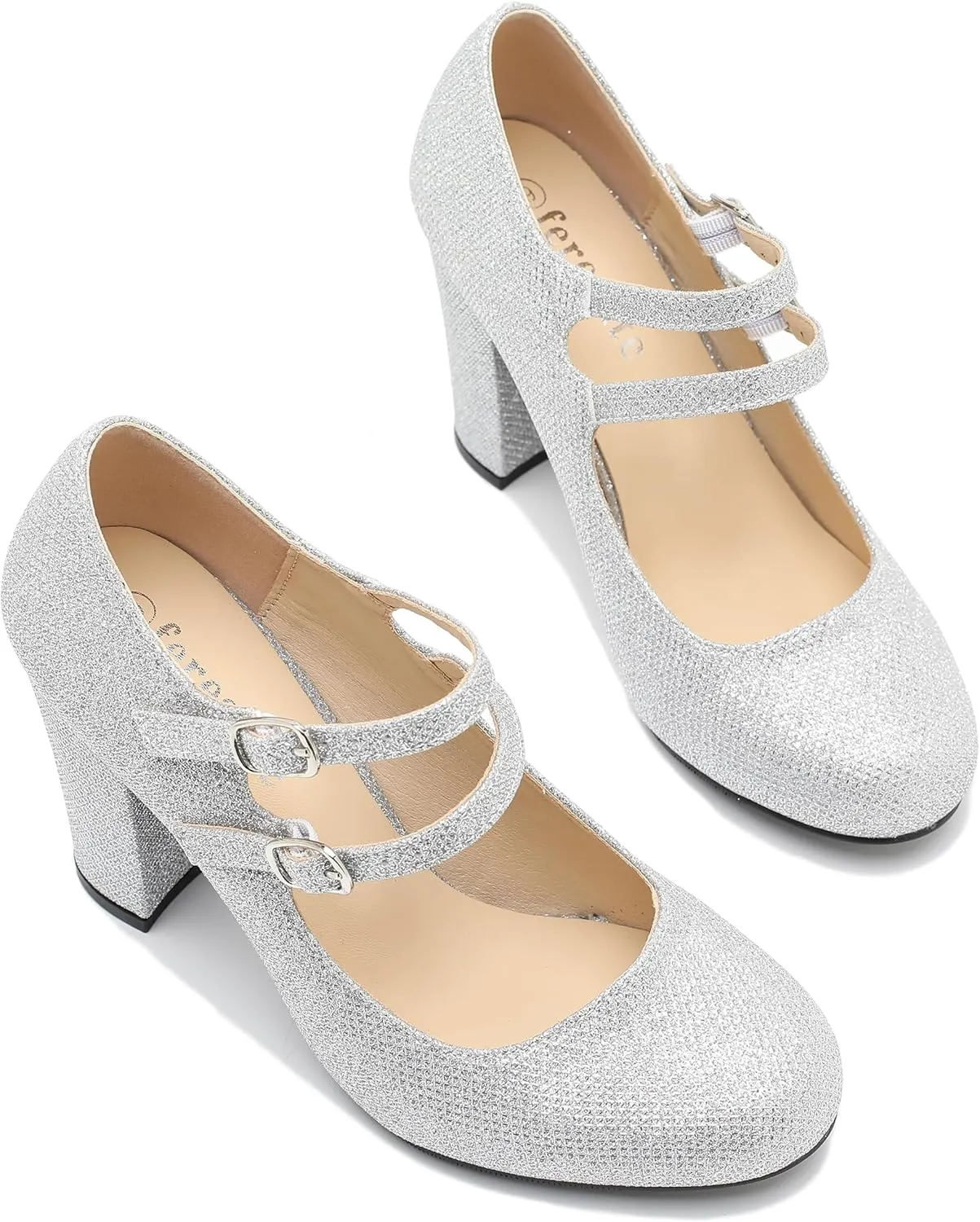 Women's Mary Jane Dress Shoes Double Strap Closed Round Toe Block High Heel Pumps