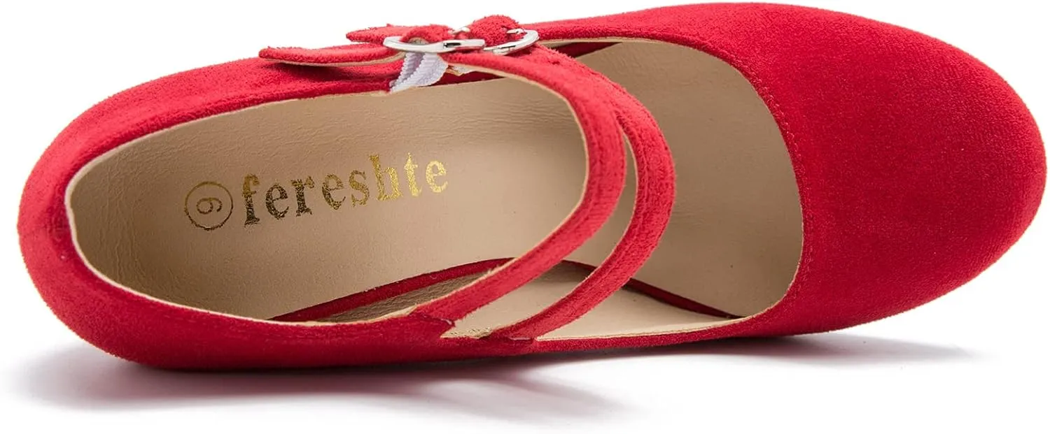 Women's Mary Jane Dress Shoes Double Strap Closed Round Toe Block High Heel Pumps