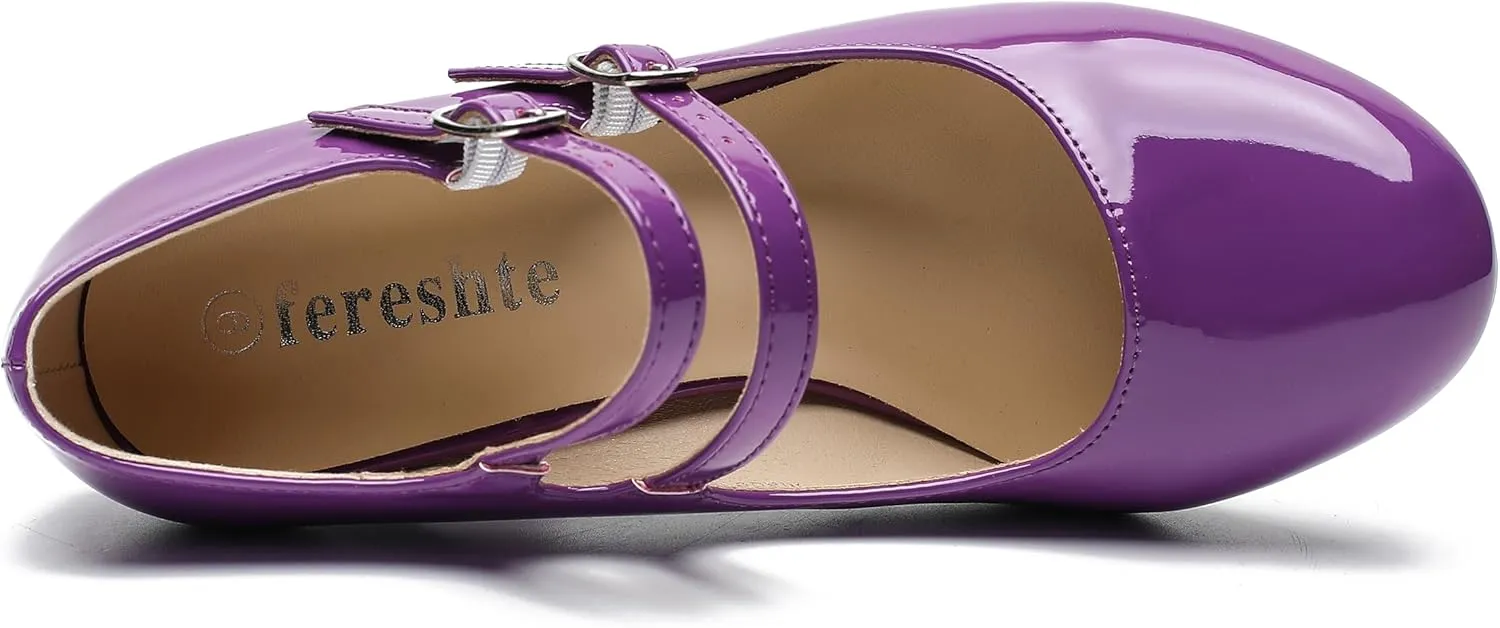 Women's Mary Jane Dress Shoes Double Strap Closed Round Toe Block High Heel Pumps