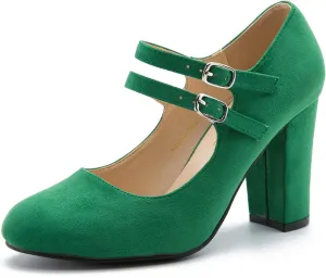 Women's Mary Jane Dress Shoes Double Strap Closed Round Toe Block High Heel Pumps