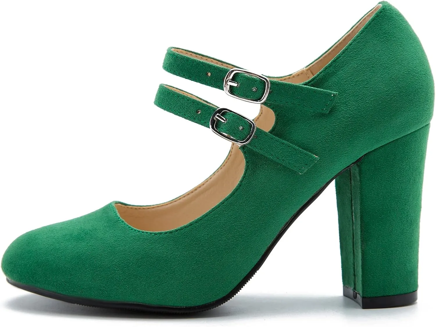 Women's Mary Jane Dress Shoes Double Strap Closed Round Toe Block High Heel Pumps