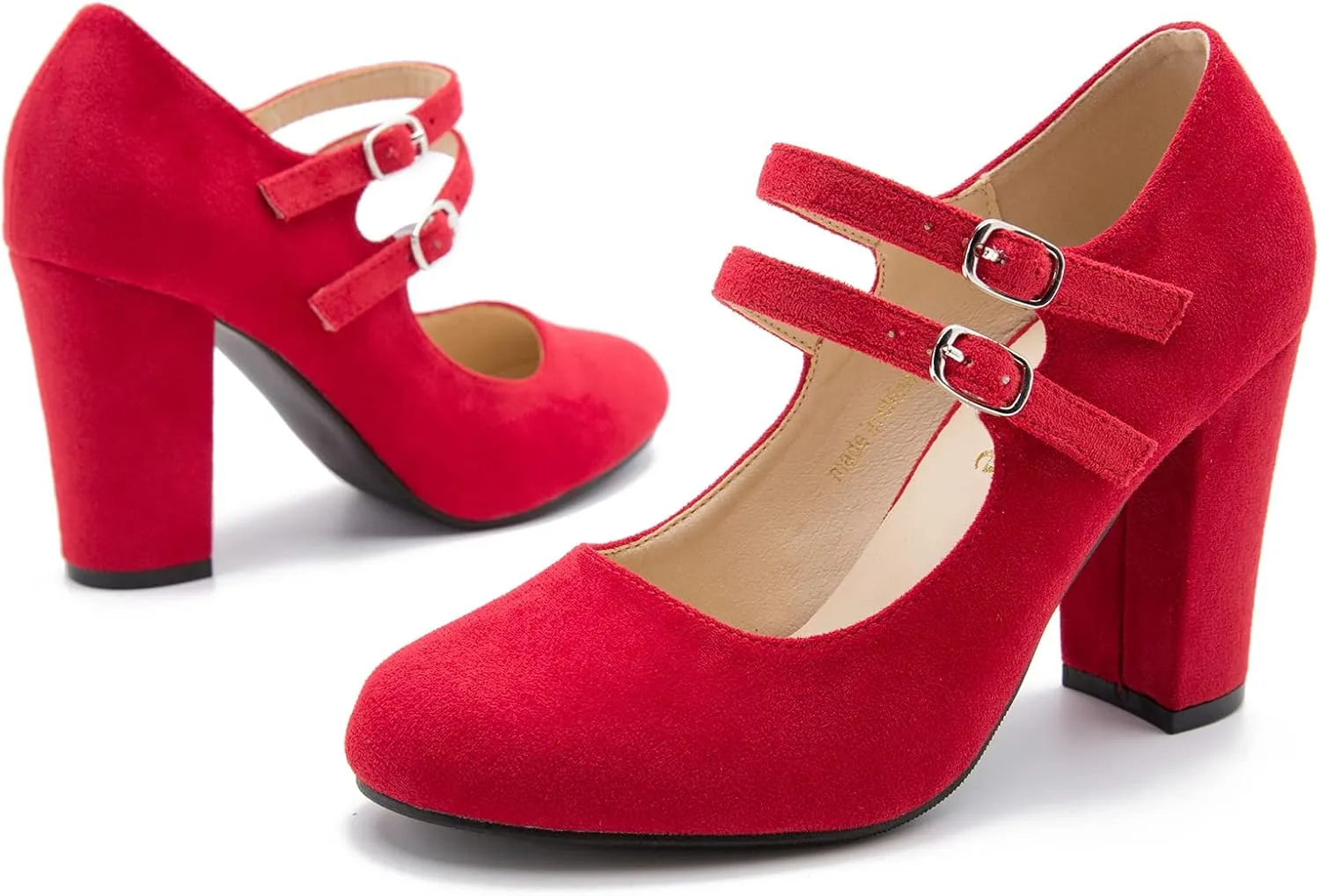 Women's Mary Jane Dress Shoes Double Strap Closed Round Toe Block High Heel Pumps