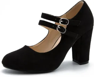 Women's Mary Jane Dress Shoes Double Strap Closed Round Toe Block High Heel Pumps