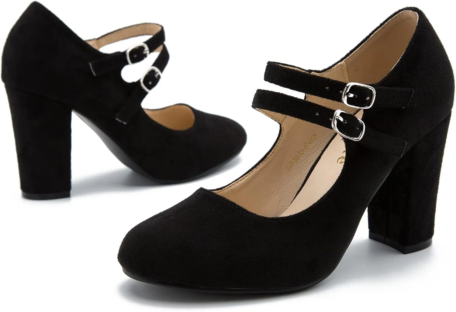 Women's Mary Jane Dress Shoes Double Strap Closed Round Toe Block High Heel Pumps