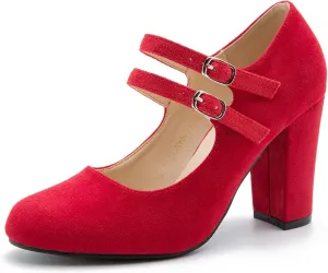 Women's Mary Jane Dress Shoes Double Strap Closed Round Toe Block High Heel Pumps