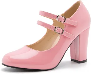 Women's Mary Jane Dress Shoes Double Strap Closed Round Toe Block High Heel Pumps