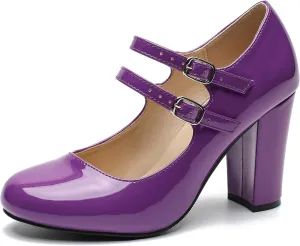 Women's Mary Jane Dress Shoes Double Strap Closed Round Toe Block High Heel Pumps