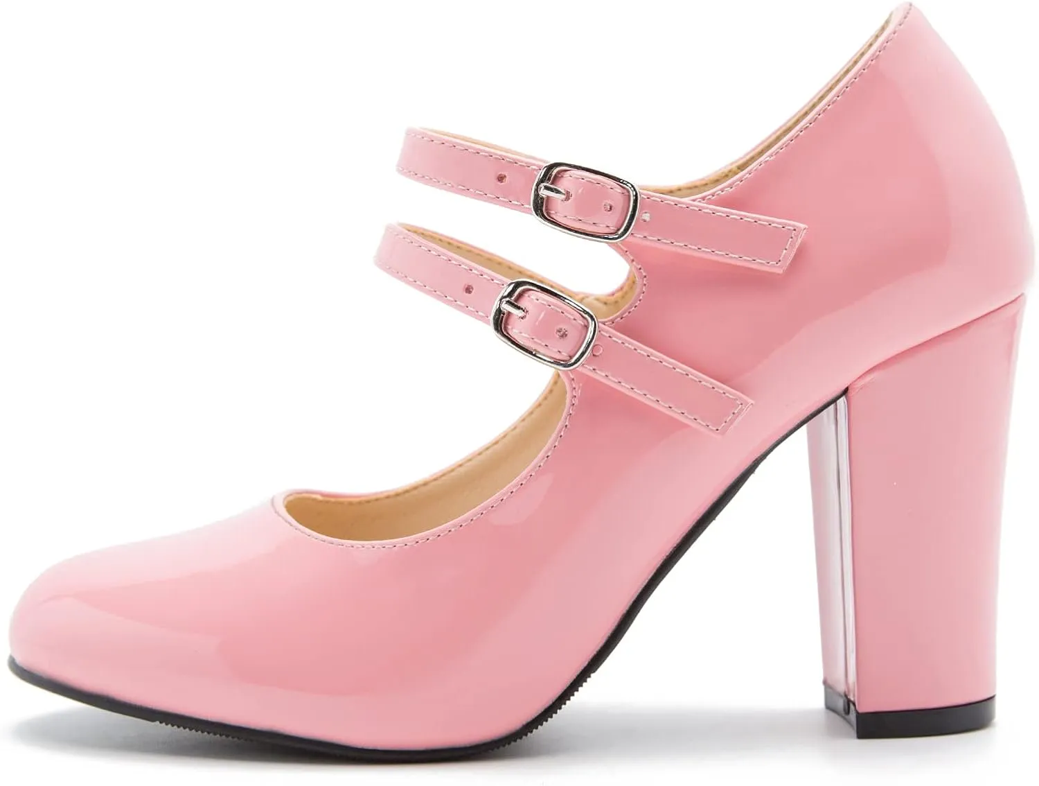 Women's Mary Jane Dress Shoes Double Strap Closed Round Toe Block High Heel Pumps