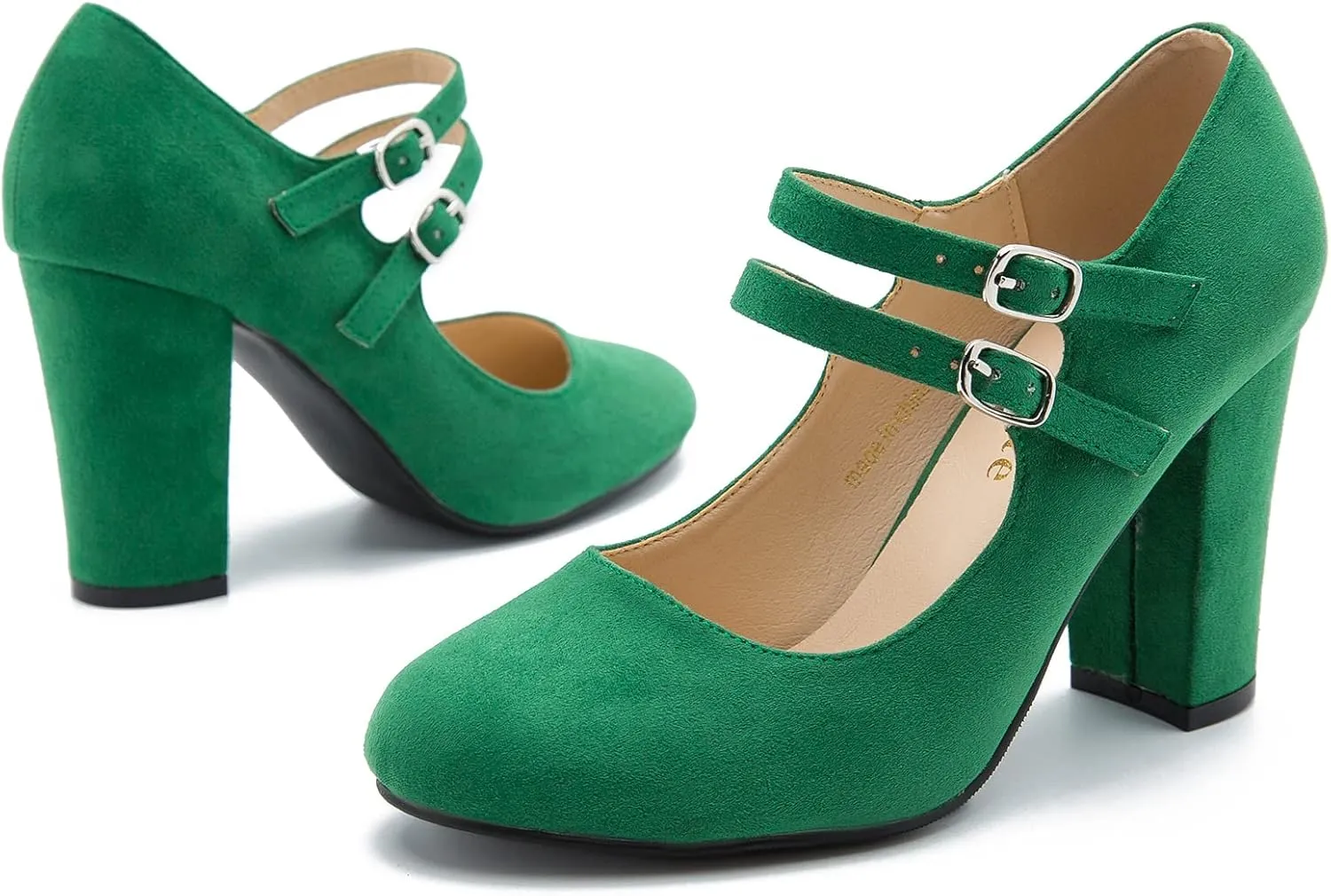 Women's Mary Jane Dress Shoes Double Strap Closed Round Toe Block High Heel Pumps