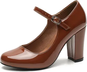Women's Mary Jane Heels Closed Toe Chunky Heel Round Toe Block High Heel Pumps