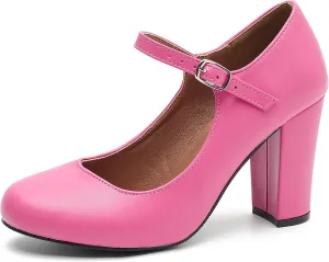 Women's Mary Jane Heels Closed Toe Chunky Heel Round Toe Block High Heel Pumps
