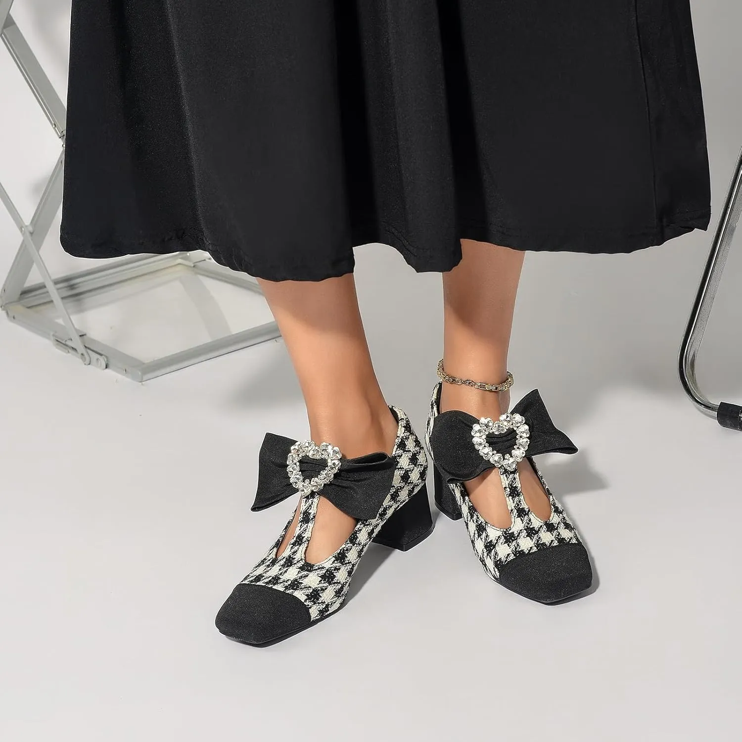 Women's Mary Jane Shoes - Square Toe Ankle T-Strap Chunky Heel Pumps with Glitter Bow Two-Tone Design