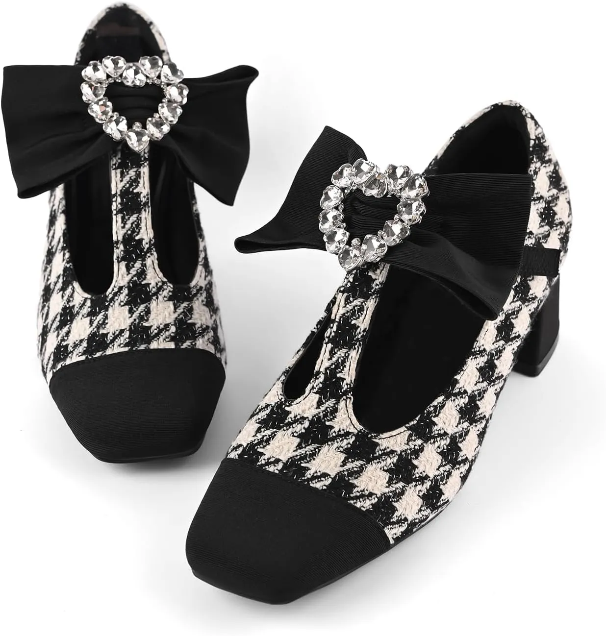 Women's Mary Jane Shoes - Square Toe Ankle T-Strap Chunky Heel Pumps with Glitter Bow Two-Tone Design