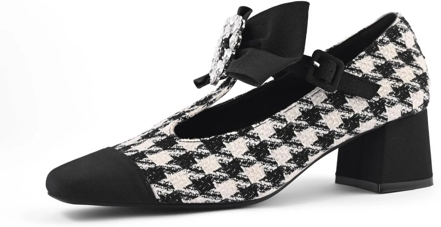 Women's Mary Jane Shoes - Square Toe Ankle T-Strap Chunky Heel Pumps with Glitter Bow Two-Tone Design