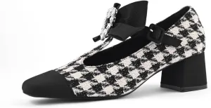 Women's Mary Jane Shoes - Square Toe Ankle T-Strap Chunky Heel Pumps with Glitter Bow Two-Tone Design