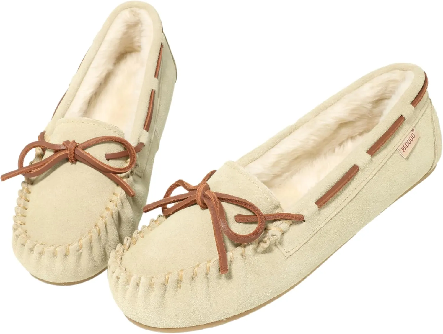 Women's Moccasin Slippers Cow Suede Warm Faux Fur Pile Lined Lace-Up Bow Cozy Indoor & Outdoor Slip On Loafers Shoes for Women