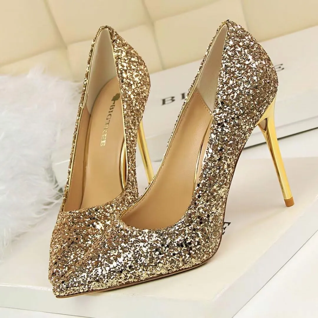 Women's Pointed Toe High Heel Pumps 3.7 Inch Classic Stiletto Sparkling Sequins Prom Shoes Stiletto Wedding Heels for Bride Shoes for Women