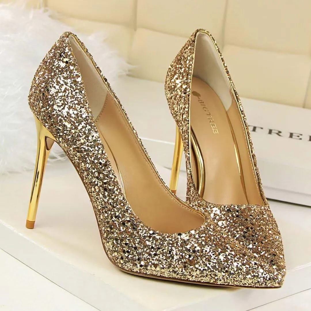 Women's Pointed Toe High Heel Pumps 3.7 Inch Classic Stiletto Sparkling Sequins Prom Shoes Stiletto Wedding Heels for Bride Shoes for Women