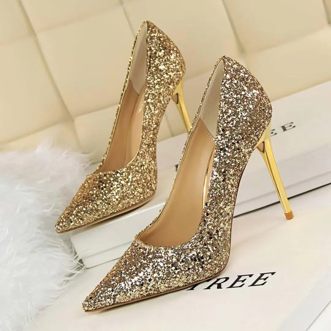 Women's Pointed Toe High Heel Pumps 3.7 Inch Classic Stiletto Sparkling Sequins Prom Shoes Stiletto Wedding Heels for Bride Shoes for Women