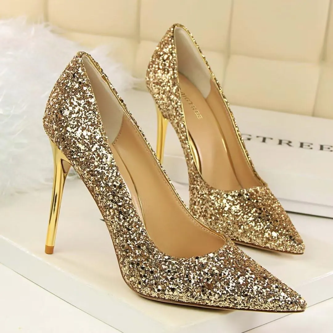 Women's Pointed Toe High Heel Pumps 3.7 Inch Classic Stiletto Sparkling Sequins Prom Shoes Stiletto Wedding Heels for Bride Shoes for Women