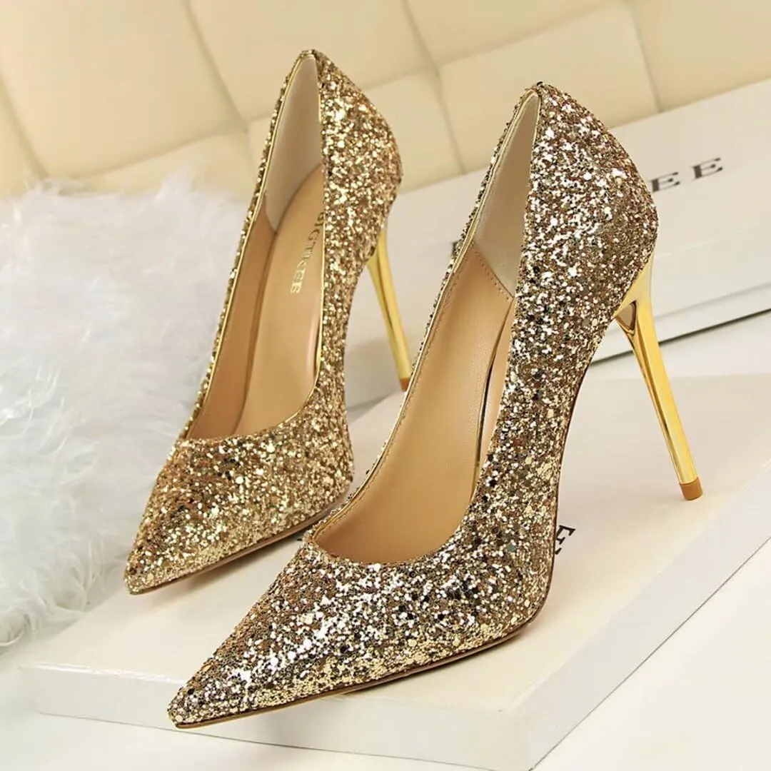 Women's Pointed Toe High Heel Pumps 3.7 Inch Classic Stiletto Sparkling Sequins Prom Shoes Stiletto Wedding Heels for Bride Shoes for Women