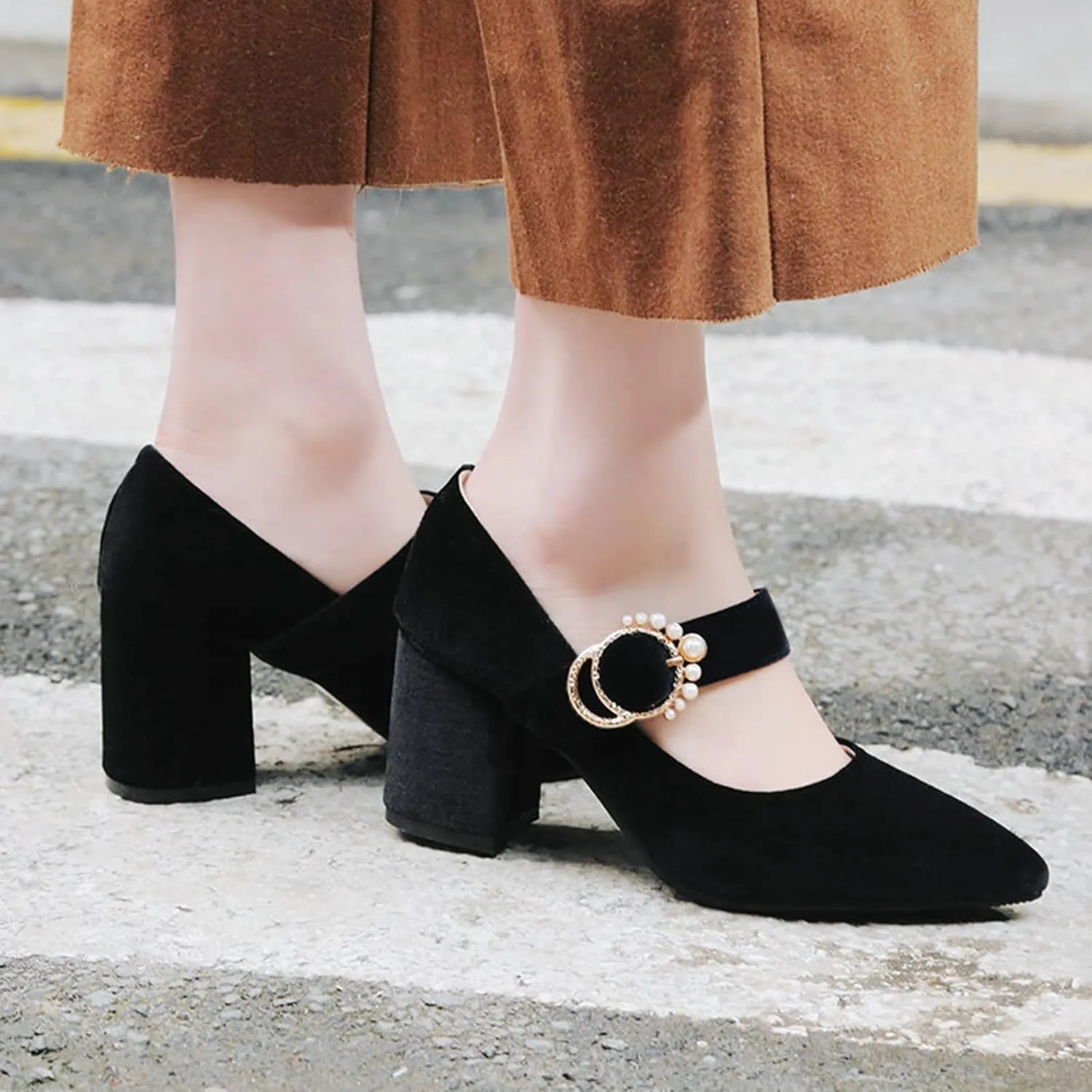 Women's Pointed Toe Mary Jane Dress Shoes Velvet Rhinestone Buckle Chunky High Heeled Wedding Pumps