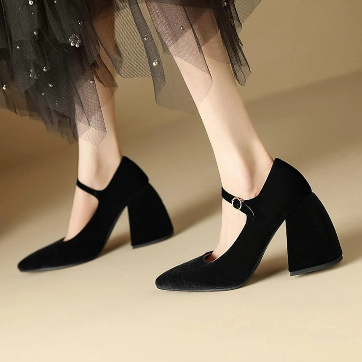 Womens Pointed Toe Mary Jane Pumps Velvet High Chunky Heel Ankle Strap Fashion Dressy Wedding Shoes