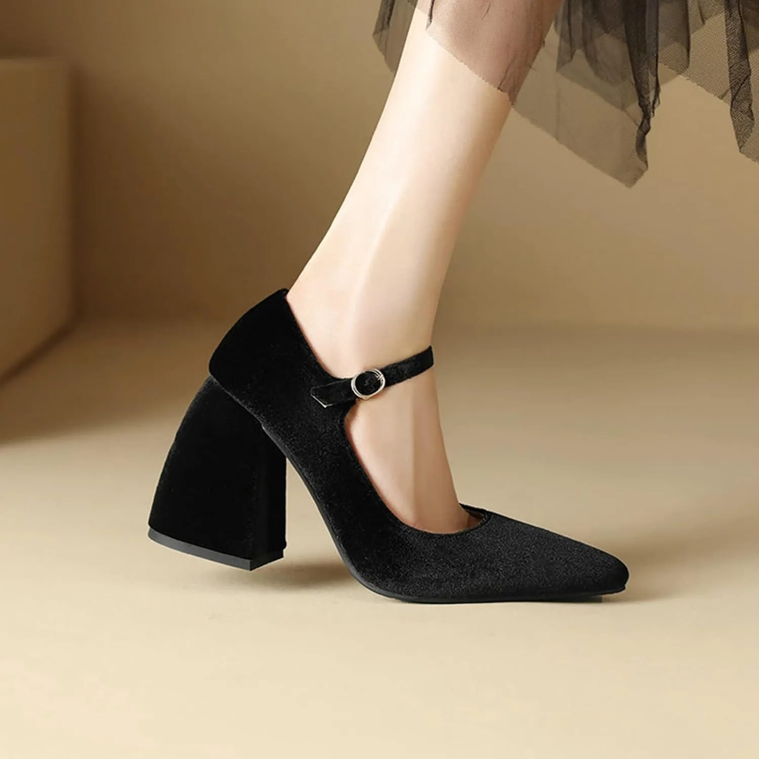 Womens Pointed Toe Mary Jane Pumps Velvet High Chunky Heel Ankle Strap Fashion Dressy Wedding Shoes