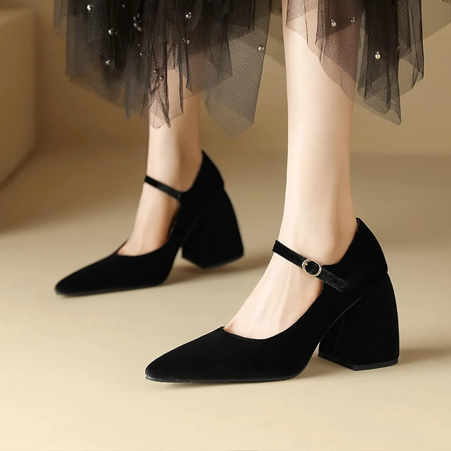 Womens Pointed Toe Mary Jane Pumps Velvet High Chunky Heel Ankle Strap Fashion Dressy Wedding Shoes