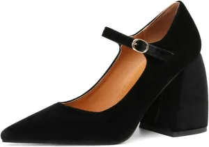 Womens Pointed Toe Mary Jane Pumps Velvet High Chunky Heel Ankle Strap Fashion Dressy Wedding Shoes