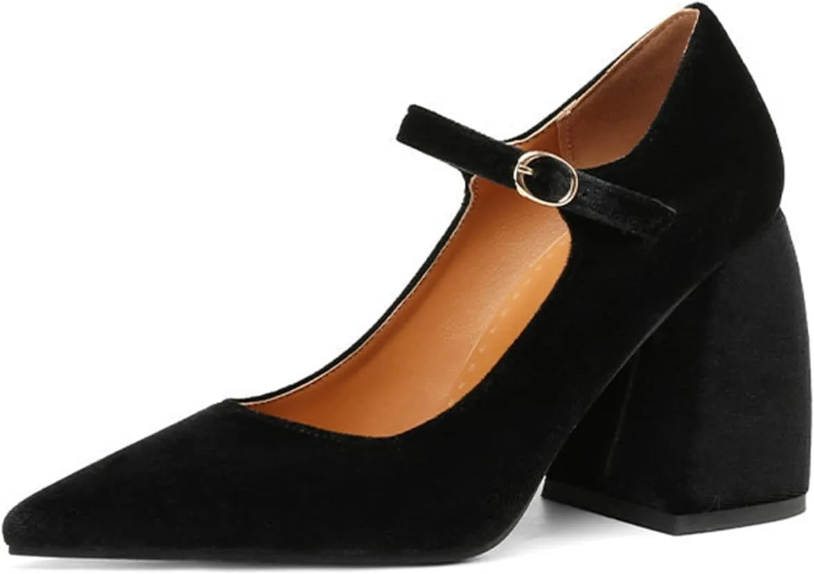 Womens Pointed Toe Mary Jane Pumps Velvet High Chunky Heel Ankle Strap Fashion Dressy Wedding Shoes