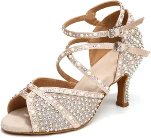 Women's Rhinestone Ballroom Dance Shoes Open Toe Latin Salsa Bachata Performance Dancing Shoes