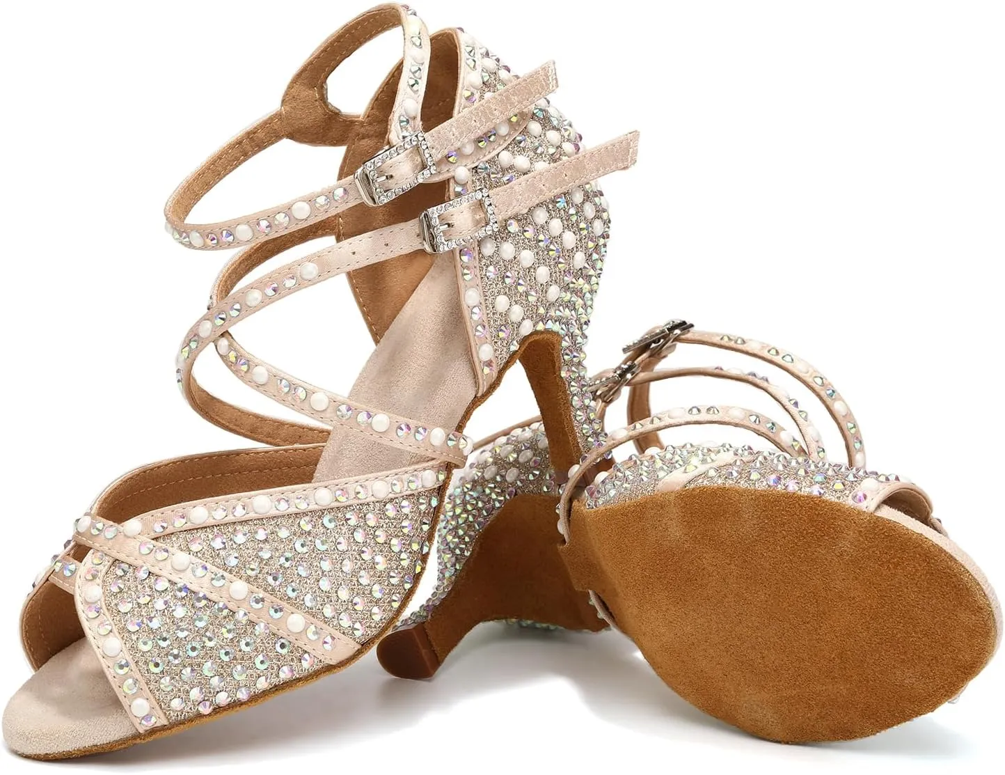 Women's Rhinestone Ballroom Dance Shoes Open Toe Latin Salsa Bachata Performance Dancing Shoes