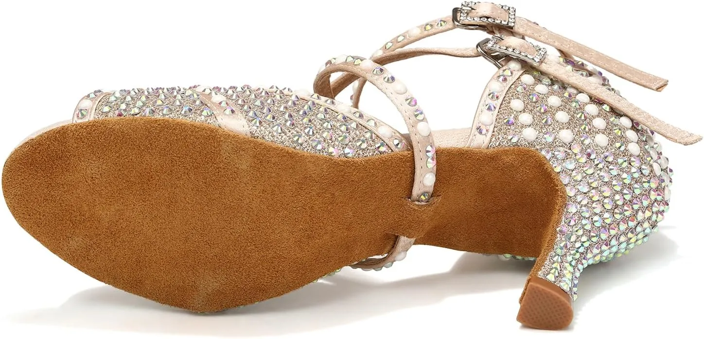 Women's Rhinestone Ballroom Dance Shoes Open Toe Latin Salsa Bachata Performance Dancing Shoes