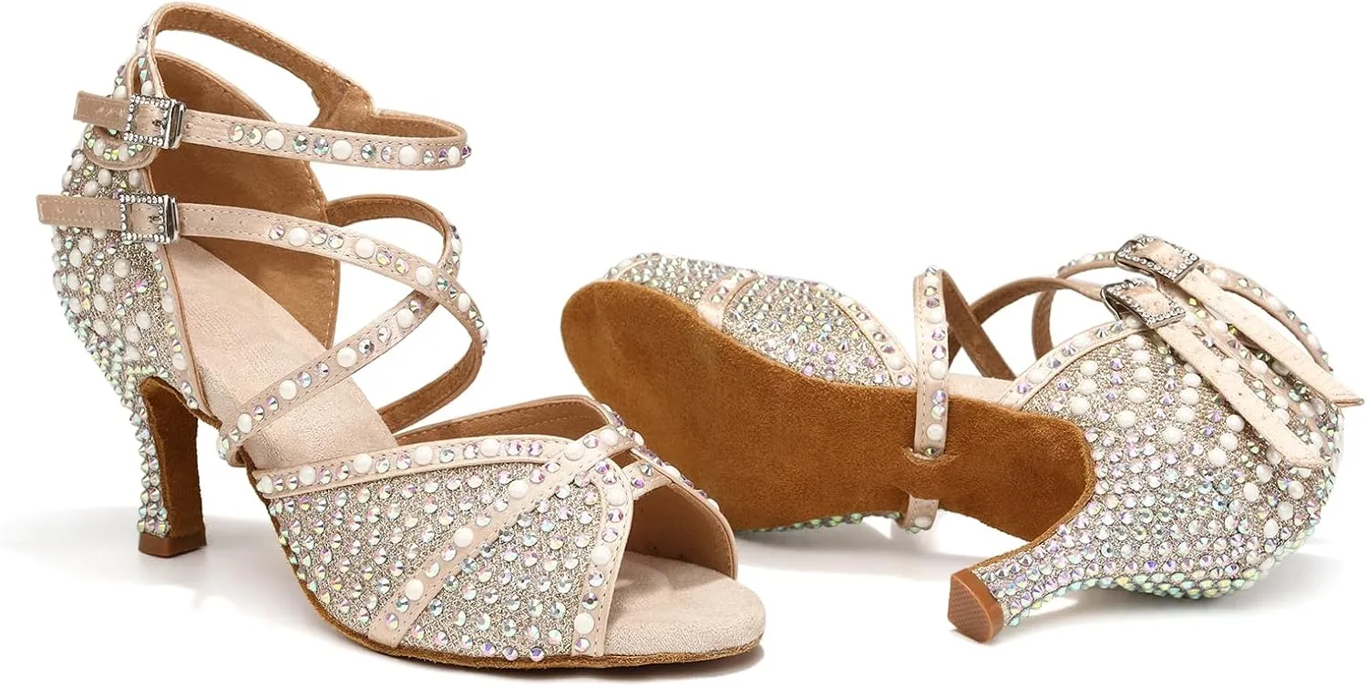 Women's Rhinestone Ballroom Dance Shoes Open Toe Latin Salsa Bachata Performance Dancing Shoes